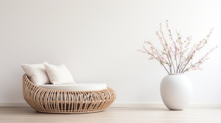 a wicker chair and flower pot are showcased inside a white wall in this 3d rendering. the design is inspired by japanese minimalism, featuring cherry blossoms and a soft, muted color palette. the organic nature-inspired forms create a unique and one-of-a-kind ambiance. the space exudes a sense of zen minimalism, complemented by large canvas paintings. ai generatedの素材