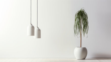 a hanging plant is suspended above a white wall, while another plant sits on a table. the photo showcases a blend of realistic lighting, ambient occlusion, and oriental minimalism. the plants are depicted with a touch of cartoonish simplicity, complemented by flattering and high-key lighting. the overall composition features rounded forms, creating a visually appealing and harmonious scene. ai generatedの素材