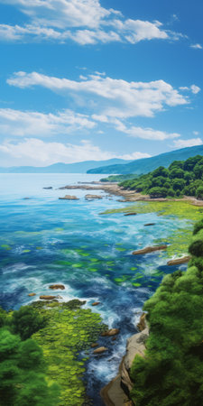 a stunning 8k resolution photograph capturing a vast ocean landscape adorned with lush greenery and towering trees. this photo beautifully emulates the style of renowned photorealist painters such as fujishima takeji and dmitry spiros. the japanese-style landscape is brought to life through photorealistic rendering, showcasing the intricate details and serene beauty of nature. ai generatedの素材