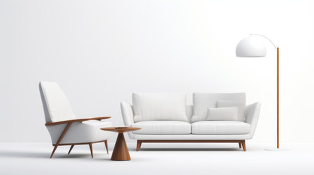 a minimalist white modern living room furniture mockup showcasing a playful use of light and shadow. the soft and rounded forms, reminiscent of midcentury modern design, create an inviting atmosphere. the flattering lighting highlights the wood elements and intricate details, while the ambient occlusion adds depth to the overall composition. ai generatedの素材