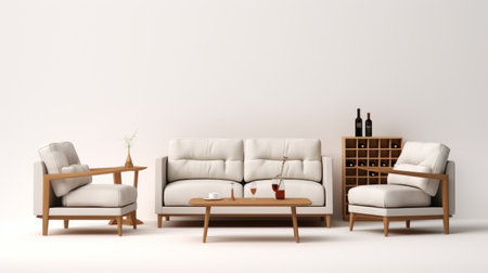 white living room with a white sofa and two chairs, showcasing classic japanese simplicity. the room features wooden elements, realistic detailing, and a color palette of light red and dark beige. the design incorporates elements of industrial and product design, as well as american mid-century design. the white background enhances the overall aesthetic. ai generatedの素材