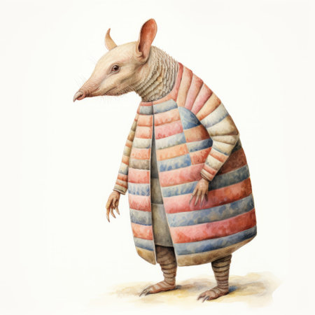 a raconteur rodent wearing a bright colored jacket stands out in this photo. the style of realistic surrealism is evident with horizontal stripes, highly detailed figures, and soft watercolors. the colorful moebius and sofonisba anguissola influences are apparent, creating a captivating blend of dark beige and pink tones. ai generatedの素材