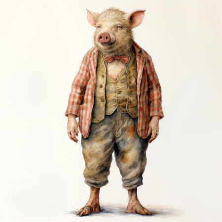 a pig, captured in a zoo animal portrait by jonathan ann hollins, showcases a unique blend of stylish costume design and realistic renderings of the human form. this 8k resolution watercolorist's creation depicts a twisted character within a rural setting, offering a cranberrycore aesthetic. ai generatedの素材