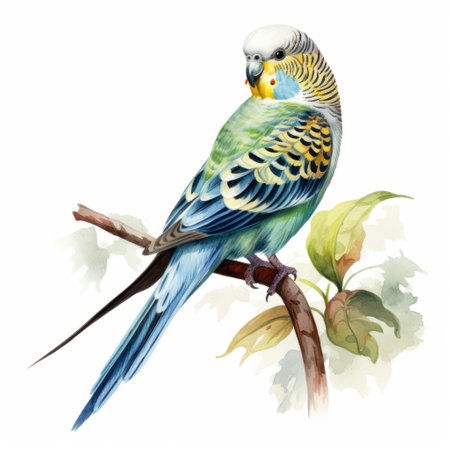 a watercolor hand-drawn vector illustration featuring a green cockatiel and leaf. the illustration is done in a style reminiscent of dark white and light blue persian miniatures, realistic oil paintings, and digitally enhanced colorful animations. the color palette includes shades of light azure, brown, light blue, and yellow. ai generatedの素材