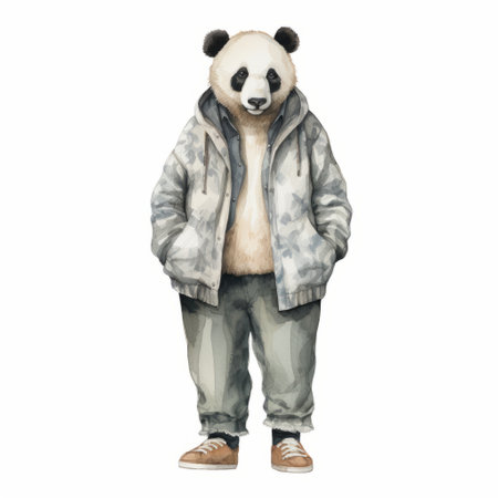 a panda bear is depicted in this vector illustration, inspired by the artistic style of fintan magee. the illustration showcases a stylish costume design with a touch of street style realism. the use of atmospheric watercolors adds depth to the artwork, while the life-size figures and realist detail bring the panda to life. this illustration embodies the normcore aesthetic. ai generatedの素材