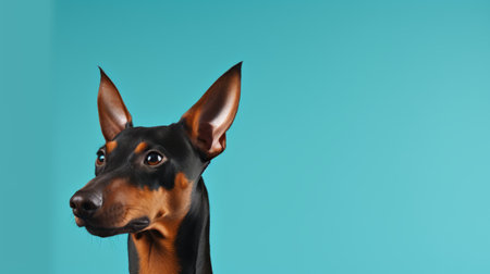 a doberman pinscher silhouette stands out against a vibrant turquoise background in this advertisement-inspired photo. the close-up shot captures the distinct facial features of the dog, while the use of focus stacking creates a realistic and detailed image. the cute and quirky composition is enhanced by the skillful usage of light and color. ai generatedの素材