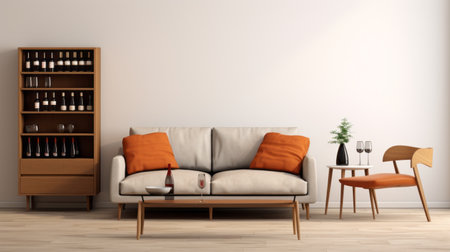 an orange couch and shelf are positioned in front of an orange rug, creating a photorealistic representation. the serene simplicity of the light gray and beige style is enhanced by minimalist staging. the image features vignetting and a subtle color palette, giving it a cartoonish simplicity. ai generatedの素材