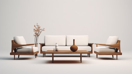 a photo showcasing free 3d furniture models in high quality and low polygon designs. these models are inspired by the style of oriental minimalism, featuring a combination of white and brown colors. the furniture exudes a sense of minimalistic serenity with rustic textures and monochromatic depth, drawing inspiration from japanese and indonesian art. ai generatedの素材