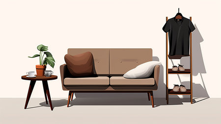 a leather sofa, styled in fashion-illustration, sits elegantly next to a coffee table. this flat illustration showcases animated and nostalgic minimalism, incorporating varied brushwork techniques. ai generatedの素材