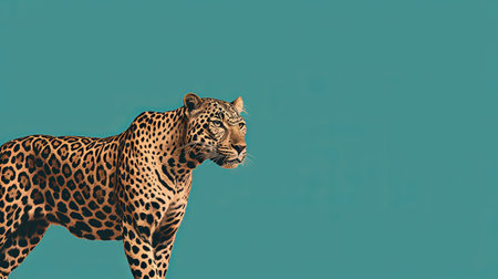 a leopard wallpaper in hd showcasing a mid-century illustration style. the vibrant colors of cyan and bronze create a visually striking effect. digitally enhanced, this wallpaper combines nostalgic realism with conceptual minimalism. it beautifully captures the essence of environmental portraiture, depicting the majestic beauty of animals. ai generatedの素材