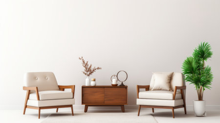 three mid-century modern design sofas and a small table with a plant are showcased on a white background. the white and brown color scheme, along with the asian-inspired minimalist staging, creates a vintage-inspired and wood-centric aesthetic. the subtle hues add a touch of elegance to this stylish arrangement. ai generatedの素材