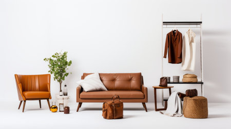 a brown leather style sofa, a chair, and a rack with lace, showcasing a minimalistic symmetry. the minimalistic objects, earthy color palette, and anti-clutter approach create a contemporary diy aesthetic. the white background enhances the minimalist design, while also serving as a critique of consumer culture. ai generatedの素材
