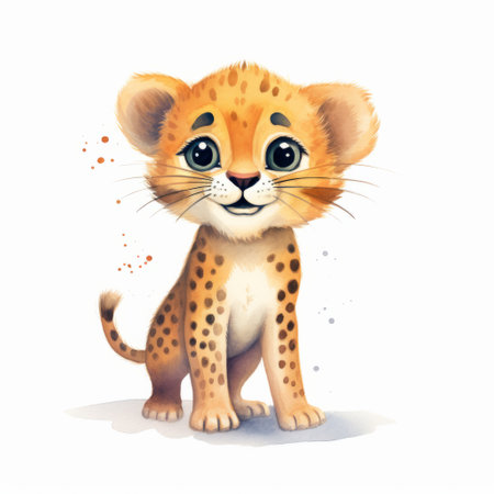 a cartoon cheetah cub is depicted in a flat illustration, resembling the artistic styles of anna dittmann, willem haenraets, and jean-baptiste monge. the lively and painted illustration showcases the cub's strong facial expression and toy-like proportions. ai generatedの素材