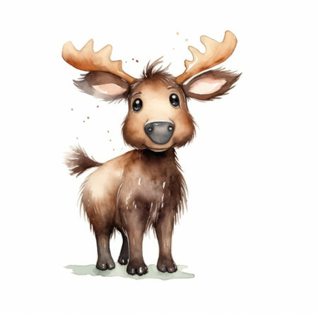 a small deer depicted in a beautiful cartoon watercolor painting. the illustration showcases a caricature-like style with strong facial expressions. the artwork features soggy and childlike illustrations, with a dark brown color palette that appears smooth and shiny. this high-resolution image captures the charm and whimsy of the subject. ai generatedの素材