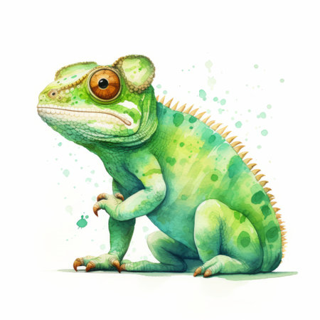 a watercolor painting of a chameleon lizard, showcasing detailed character illustrations with flat colors. this hyper-realistic animal illustration is captured in a uhd image, predominantly featuring shades of green and cyan. the artwork exudes a childlike charm, reminiscent of playful illustrations. ai generatedの素材
