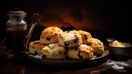 scone on wooden plate with brown sugar, featuring a dark sky-blue and dark violet color palette. the moody chiaroscuro lighting adds depth and drama to the image. the combination of dark red and white hues gives it an old masters' aesthetic. the contrasting light white and dark navy tones create a captivating luminescent color scheme. captured with a tokina at-x 11-16mm f/2.8 pro dx iiの素材