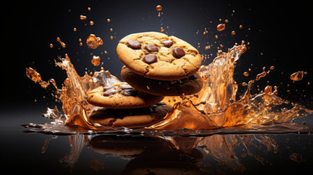 a chocolate chip cookie is captured in a captivating photo, featuring a chocolate splash. this realistic still life showcases dramatic lighting, created using zbrush. the image is dynamic and action-packed, with a dark gold and orange color scheme. the intense atmosphere is enhanced by the use of monochromatic color schemes. ai generatedの素材