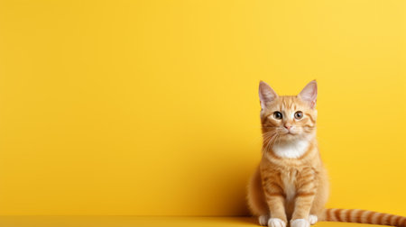 orange tabby kitten sitting on a vibrant yellow background, reminiscent of minimalist de stijl style. the captivating image showcases a playful feline against a light maroon and yellow backdrop, creating a visually striking composition. this high-resolution uhd photo, reminiscent of national geographic's captivating shots, is a delightful addition to any collection. ai generatedの素材