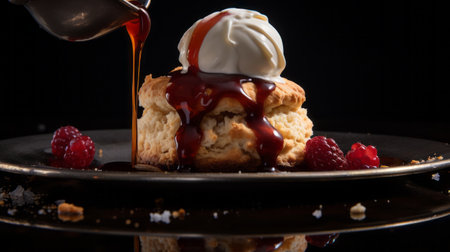 a dessert, styled by mark keathley, is captured in a high-quality photo using the steinheil quinon 55mm f19 lens. the image showcases a striking contrast and crisp, clean details. inspired by howard pyle and stephen shortridge, the dessert is beautifully presented, with a drizzle of syrup adding an enticing touch. ai generatedの素材