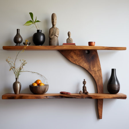 a shelf adorned with a collection of organic nature-inspired decorative objects and paintings, showcasing the exquisite art of tonga. each piece is meticulously handcrafted, reflecting the beauty of flat planes and eco-friendly craftsmanship. the precisionist art style is evident in the intricate details, reminiscent of the works by barthel bruyn the elder. ai generatedの素材