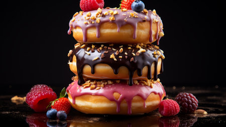 donuts with sprinkles, berries, and chocolate are showcased on a dark, black background. the photo captures the multilayered dimensions and highly polished surfaces of the donuts. the thick paint layers create a visually striking effect in dark magenta and silver tones. this unique composition, taken with provia, combines natural and man-made elements, resulting in a captivating image. ai generatedの素材
