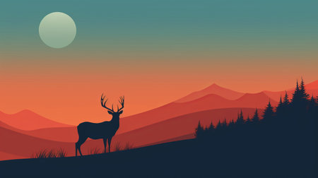 deer silhouette against a minimalist mountain backdrop, featuring dark cyan and orange hues. this uhd image by patrick brown captures the charm of idyllic rural scenes, with color gradients inspired by nature. ai generatedの素材