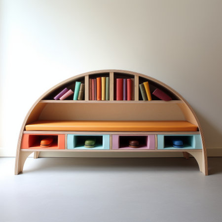 a vibrant still life photo featuring a bench furniture design with arched doorways, books, and portfolios. the color palette includes light pink and light orange, creating a warm and inviting atmosphere. the glazed earthenware and carved books add a touch of artistic charm. this rainbowcore-inspired image is perfect for home decor enthusiasts. ai generatedの素材