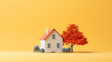 a house stands against a vibrant yellow background, accompanied by a striking red tree. rendered in cinema4d, this artwork showcases meticulous photorealistic still lifes. with elements of environmental awareness and farm security administration aesthetics, the composition also incorporates minimalistic japanese influences. the photo-realistic techniques employed in this piece create a visually captivating and immersive experience. ai generatedの素材
