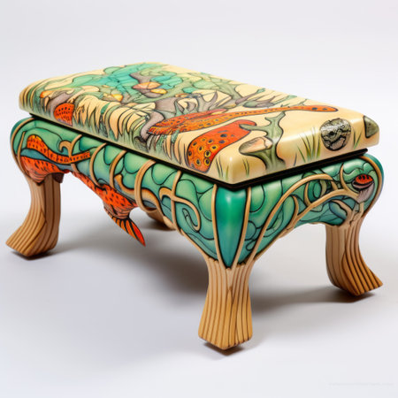 a miniature wooden frog stool by joanne spilker, inspired by mural-like compositions and the style of j scott campbell. this unique piece showcases detailed dreamscapes and bold, colorful designs reminiscent of ottoman art. the stool features intricate hunting scenes in light cyan and orange, creating a visually stunning and captivating work of art. ai generatedの素材
