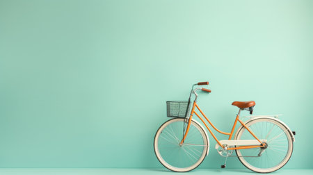 bicycle leaning against a vibrant turquoise wall, showcasing a delightful blend of light orange and light green colors. the minimalist background adds a relatable personality to the image, while the anti-clutter and minimalist staging highlight the simplicity of the design. with its vintage charm and captured in 32k uhd resolution, this photo exudes a timeless appeal. ai generatedの素材
