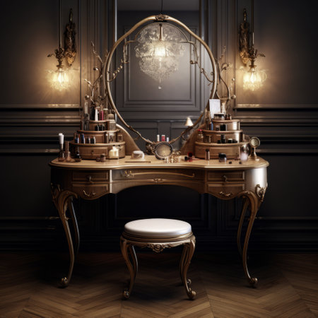 a classic style dressing table with multiple drawers, adorned with a mirrored surface, showcasing intricate steampunk design elements. the luminous 3d objects in dark gold and light gold add an atmospheric and moody ambiance. the lighting enhances the majismo and luxurious feel, while the precise nautical details complete the overall look. ai generatedの素材