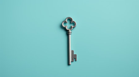 a key rests on a serene blue background, showcasing minimal retouching. the image exudes a vintage aesthetic with its light teal and silver tones. the use of physically based rendering enhances the overall visual appeal. the key's presence evokes a sense of traditional craftsmanship, while the cross-processing processing technique adds a unique touch. this captivating photo is perfect for showcasing on platforms like sketchfab. aiの素材