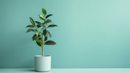 a green plant in a pot sits on a vibrant blue background, creating a minimalist aesthetic. the pastel color scheme adds a soothing touch to the overall design. rendered in cinema4d, this image showcases elements of industrial and product design. the sharp and vivid colors enhance the visual appeal, while the white and aquamarine tones complement the overall composition. ai generatedの素材