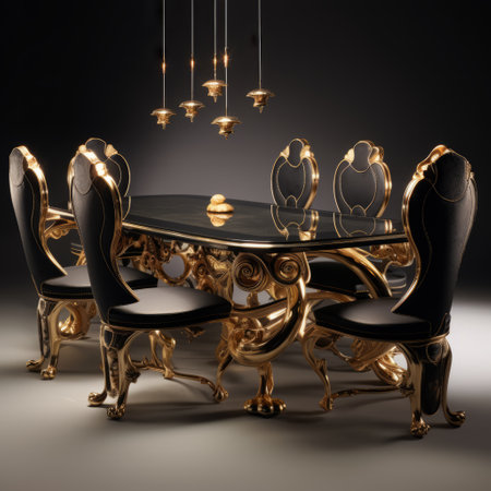 the dining room table is a stunning piece in black and gold, showcasing intricate figures and boasting a highly detailed design. with its 8k resolution, the table captures the essence of a fairy tale, combining hyperrealism and rococo frivolity. the bold use of light and chromoluminarism further enhance its visual appeal. ai generatedの素材