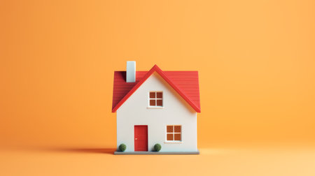 3d home on orange background, a close-up shot showcasing the concept of a 3d house for real estate purposes. the composition is inspired by the style of charles willson peale, featuring muted tones, minimalist design, and a subtle blend of white and orange. the ceramic-like texture adds a touch of realism to the hyper-detailed rendering, reminiscent of dora carrington's artistic approach. ai generatedの素材