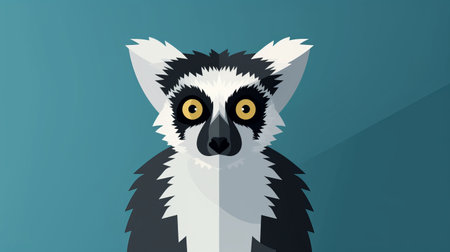 a lemur flat design icon with a long shadow, in the style of hyperrealistic wildlife portraits. this graphic design-inspired illustration features a dark teal and white color scheme, reminiscent of the art of the congo. the minimalist background enhances the naturalistic bird portraits and close-up details of the lemur. ai generatedの素材
