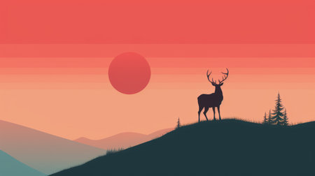 a photo of a deer standing on an isolated mountain during a beautiful sunset. the image is captured in the style of pop art minimalism, with a flat perspective and soft atmospheric perspective. the color palette consists of dark red and light cyan, creating vibrant color gradients. this conceptual art piece combines the elements of metropolis and nature. ai generatedの素材