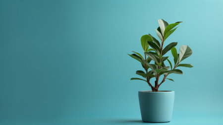 a small potted palm tree stands against a vibrant blue background, showcasing an industrial and product design aesthetic. the image features a harmonious blend of green and aquamarine tones, creating a visually striking composition. with its uhd resolution, the picture captures the essence of minimalist backgrounds, rich color contrasts, and soft focal points, enhanced by the clever use of screen tones. ai generatedの素材