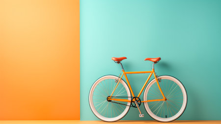a yellow bicycle leans against a vibrant, colorful wall featuring a sleek and stylized design. the wall is adorned with a combination of light teal and dark orange, creating an eye-catching contrast. the bicycle's streamlined design and bright colors, reminiscent of light teal and orange, make it an inspirational sight. ai generatedの素材