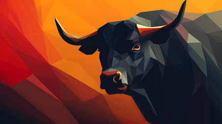 a bull with various shapes stands out against a vibrant and colorful background. the artwork showcases a dark black and orange style, featuring low poly and monochromatic minimalist portraits. the composition reflects elements of yankeecore, precisionist art, with a strong facial expression and realistic details. ai generatedの素材