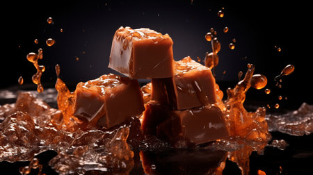 chocolate pieces are captured mid-air as they splash into a pool of creamy milk chocolate in this stock photo. the image is taken in the style of the hasselblad h6d-400c camera, showcasing the intricate details and textures. the use of zbrush and monochromatic masterpieces adds depth and artistic flair. the vibrant orange hues, influenced by artist ryan stegman, create a visually striking contrast. the overallの素材