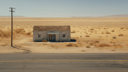 an isolated building in the desert, captured in 8k resolution, showcases the documentary-style realism and american tonalism. this eerily realistic depiction of everyday life merges with the themes of frottage and suburban ennui, creating a captivating visual narrative. ai generatedの素材