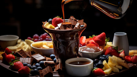 a chocolatey temptations drink is captured in this photography by infaphoto st. pete kentucky. the image showcases a realistic still life with dramatic lighting, melting pots, and elaborate fruit arrangements. shot in 32k uhd, the photograph exudes a smooth and shiny appearance, reminiscent of the style of artist rob hefferan. aquirax uno's influence can also be seen in this delectable composition. ai generatedの素材