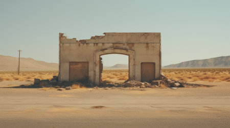 stone building in the desert, exuding a vintage cinematic vibe with its ethereal urban scenes. the apocalyptic art style is evident in the arched doorways and rusty debris, creating a minimalistic landscape. this captivating image offers a thought-provoking consumerism critique. ai generatedの素材