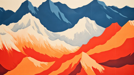 a modern mountain range is depicted in this vintage mountain wall art by dana jacob stoll. inspired by the styles of james jean, shepard fairey, and color field explorations, the artwork showcases realist detail and vibrant color gradients. the polychrome terracotta medium adds depth to the impressive panoramas. ai generatedの素材