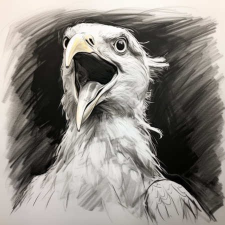 a pencil drawing of an eagle, showcasing expressive facial animation. the artwork is done in a dark white and dark navy color scheme, capturing the essence of hyper-realistic animal illustrations. the style also incorporates elements of characteristic comic book art, giving it a unique touch. this captivating piece of art would be a great addition to any cryptid academia collection. ai generatedの素材