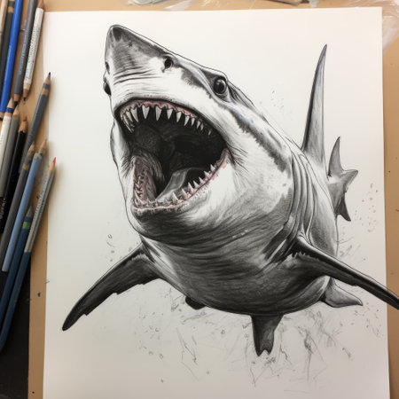 a small hyper-realistic drawing of a great white shark with its mouth open, showcasing meticulous inking and brushwork exploration. the artwork captures the shark from an extreme angle, emphasizing its supernatural and awe-inspiring presence. inspired by the style of jessie arms botke, the drawing beautifully combines dark white and light orange tones to create a visually striking portrayal of this magnificent creature. ai generatedの素材
