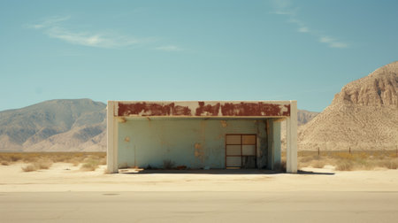 the photo captures a mesmerizing blue sky, reminiscent of abandoned spaces. it embodies the unique genre of desertwave, showcasing evocative environmental portraits. the vintage minimalism is enhanced by the ultra-detailed, monolithic structures, while the light amber and green hues add a touch of intrigue. ai generatedの素材