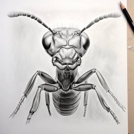 a black and white art drawing of an ant, created in the style of john wilhelm. this realistic portrait features contoured shading and flat shading, showcasing the artist's skill in capturing intricate details. the high-contrast shading adds depth to the image, reminiscent of the cryptid academia. this captivating artwork is reminiscent of the unique style of gediminas pranckevicius. ai generatedの素材