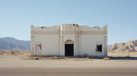an abandoned building in death valley, usa, captures the essence of brooke didonato's style. this streetscape, with a historical reimagining, showcases tami bone's unique ability to meld mexican and american cultures. the neoclassical symmetry of the structure adds a touch of elegance, reminiscent of julio larraz's artistic vision. ai generatedの素材